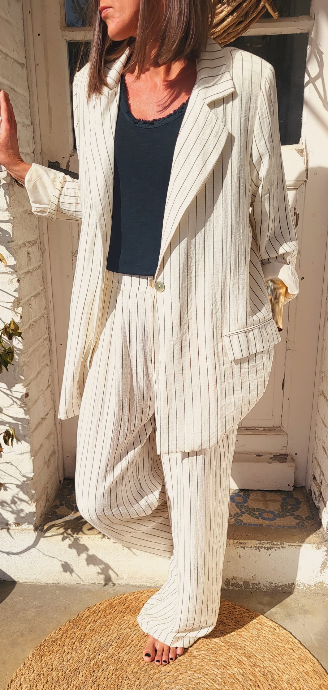 Veste tailleur rayée écru