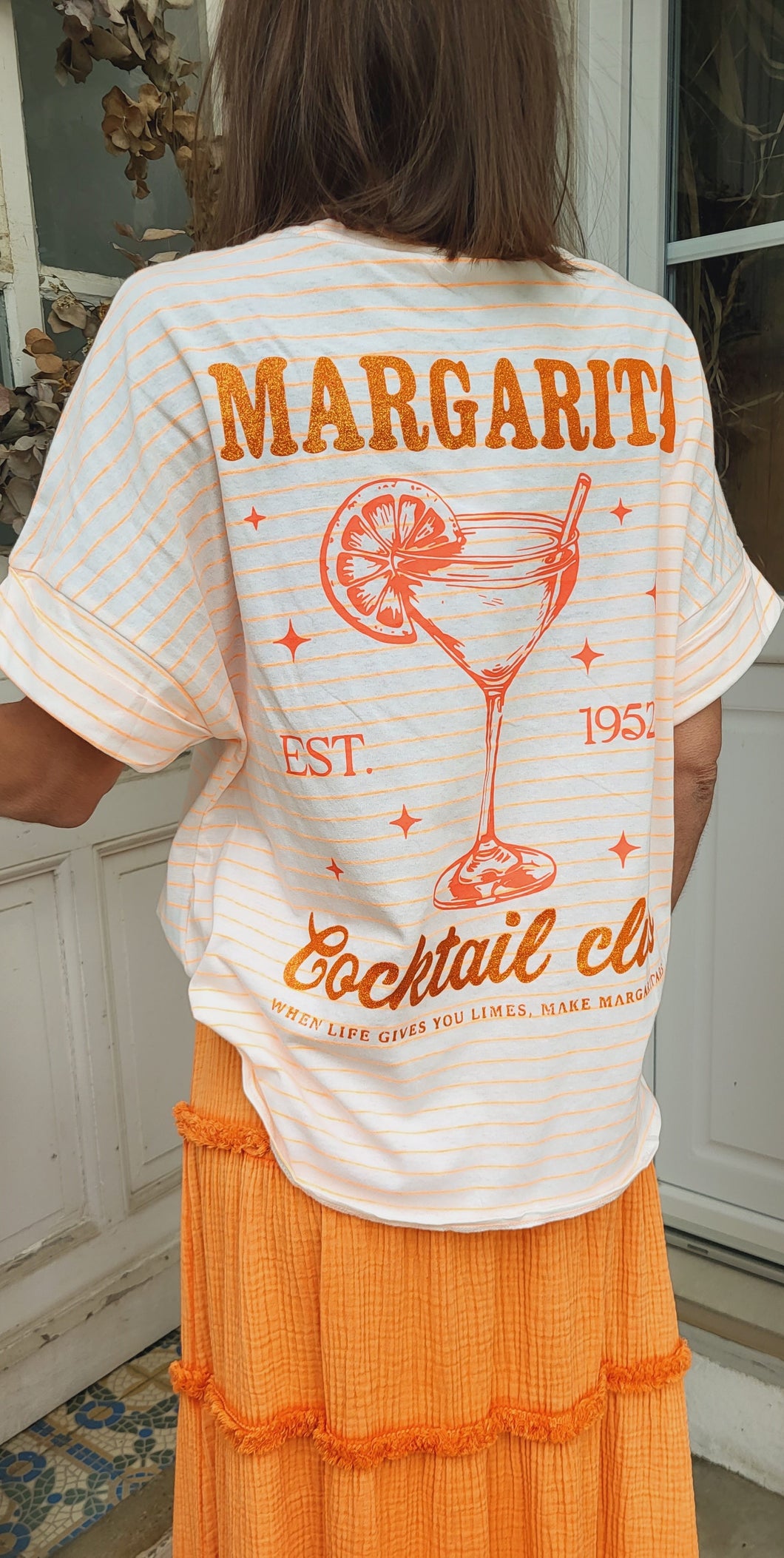 Tee shirt rayé Orange / Rose / Bleu  inscription dos