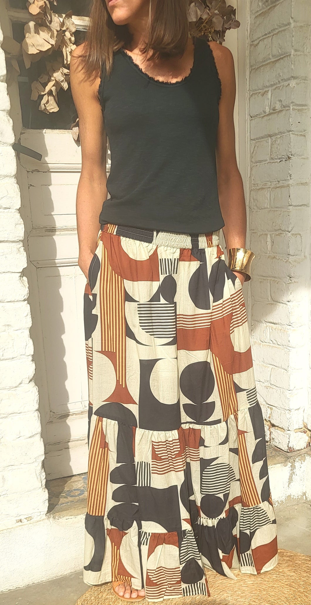 Jupe longue camel noire beige
