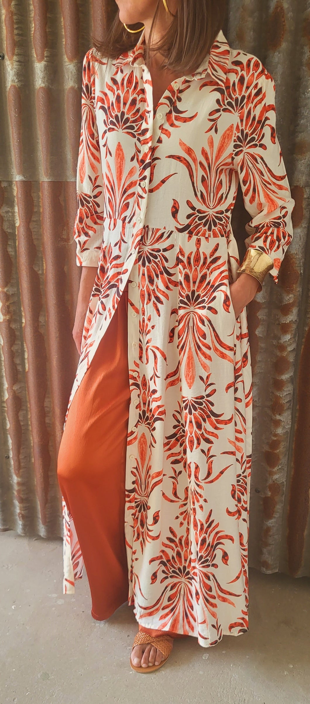 Robe chemise ramage terracotta