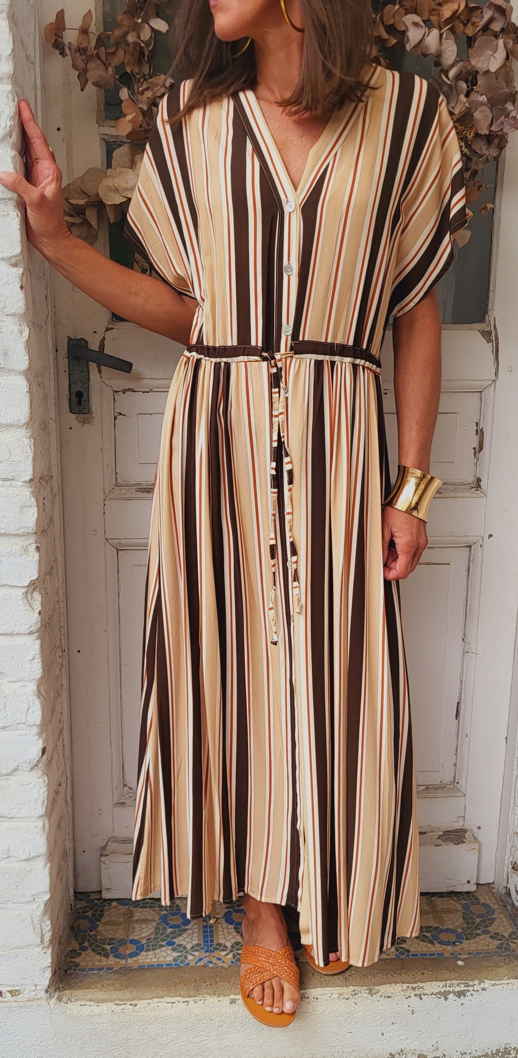 Robe rayée beige chocolat