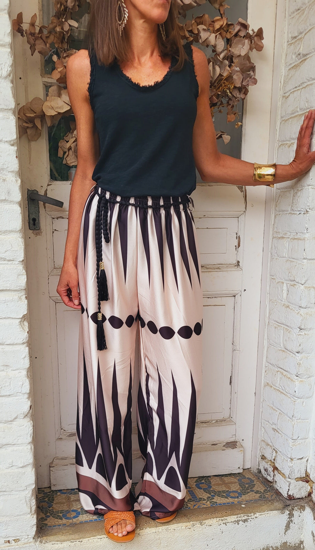 Pantalon satiné imprimé écru noir