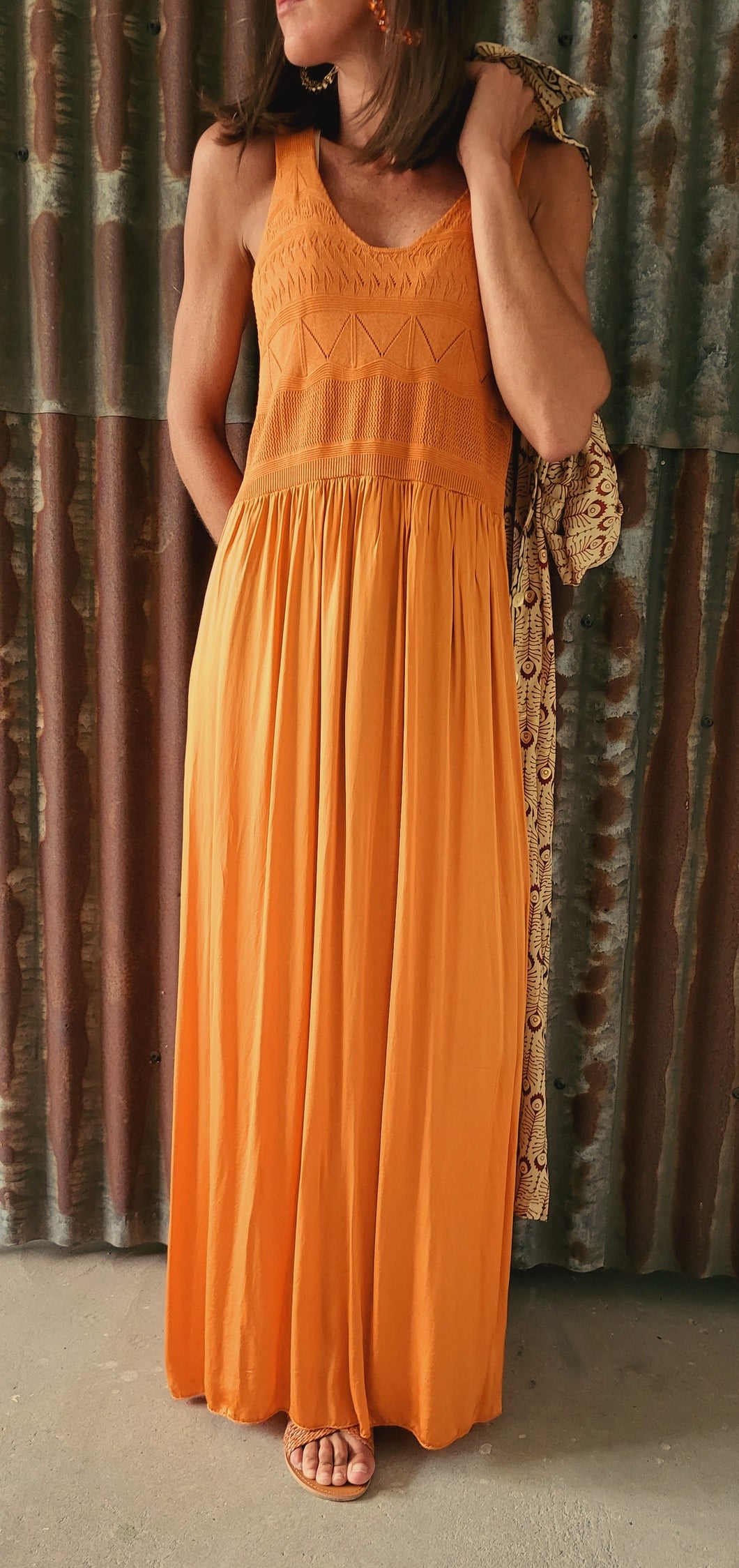 Robe longue maille satin Terracotta / Chocolat