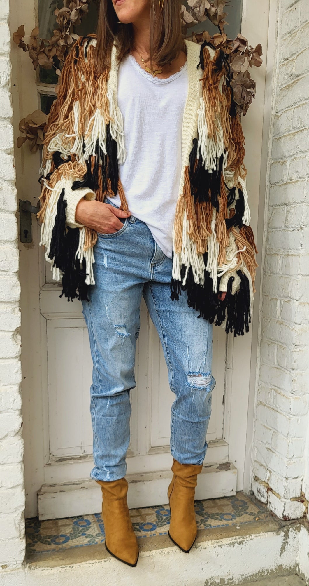 Gilet frange chocolat beige