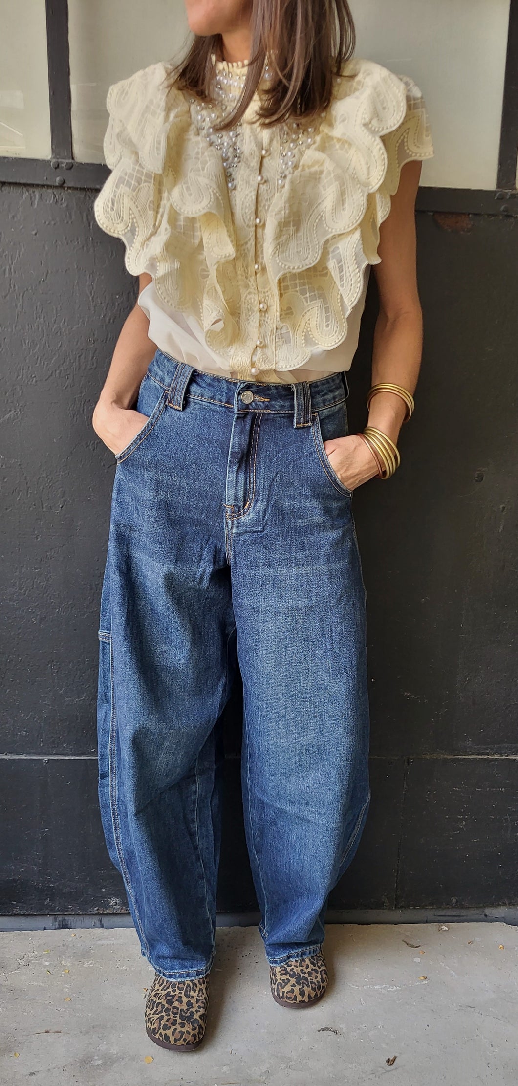 Chemisier perle froufrou Beige ou Noir