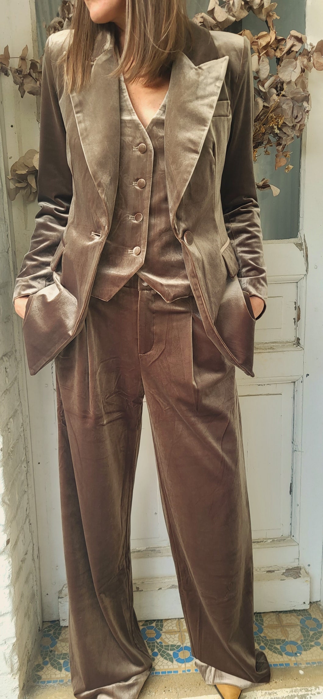 Blazer velours ras moka