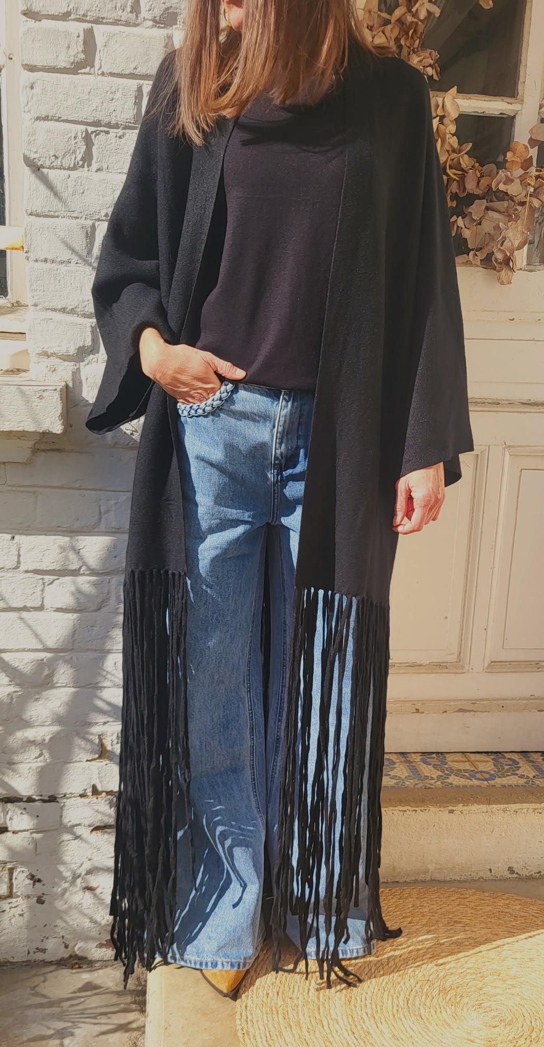 Gilet long frangé Noir / Chocolat / Camel