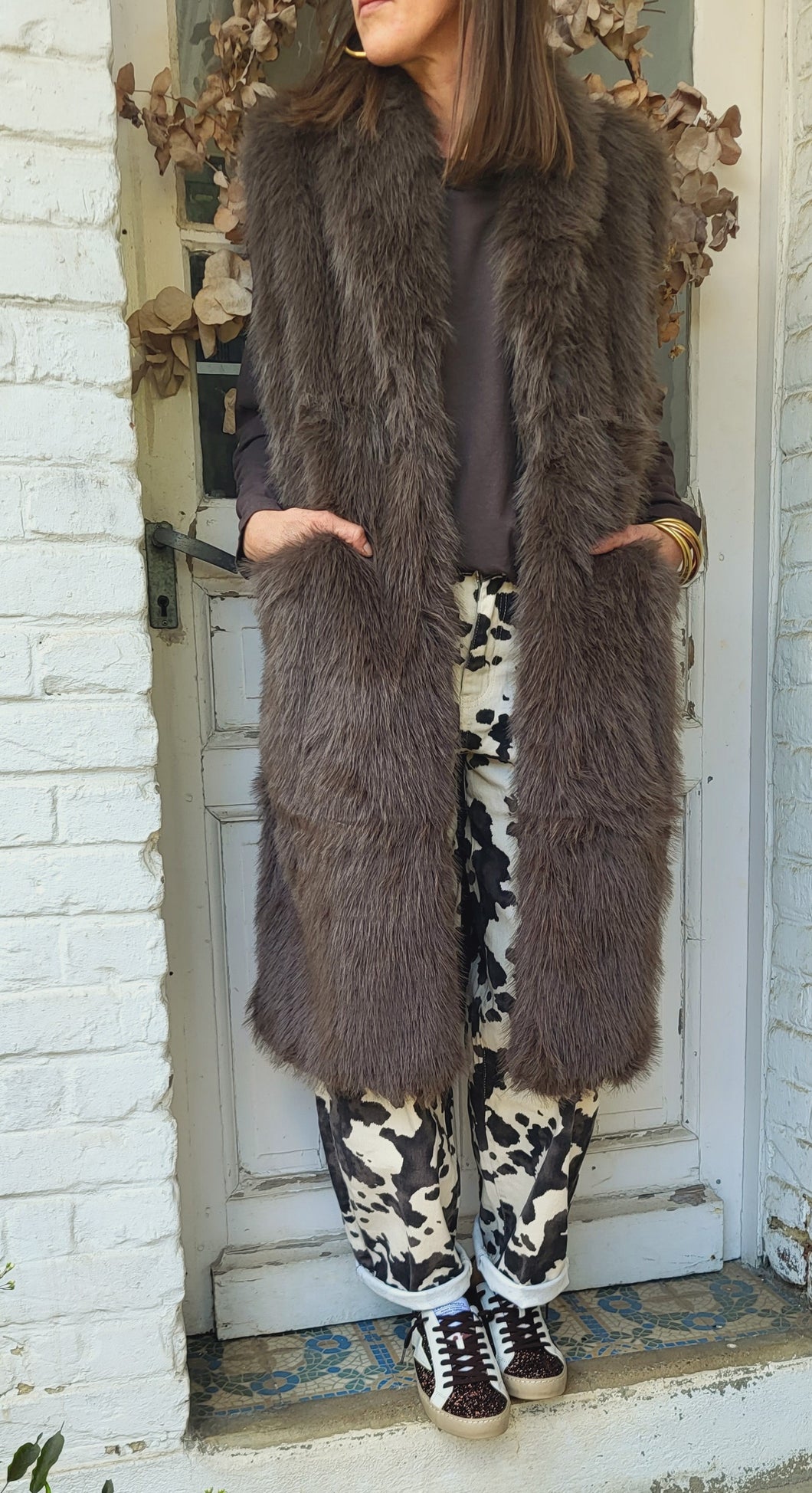 Veste fourrure longue moka