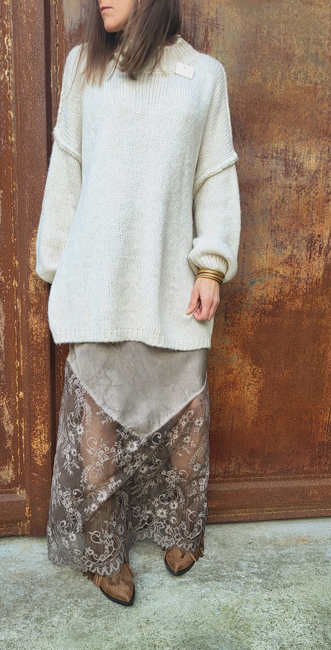 Jupe longue satin dentelle Taupe ou Noir