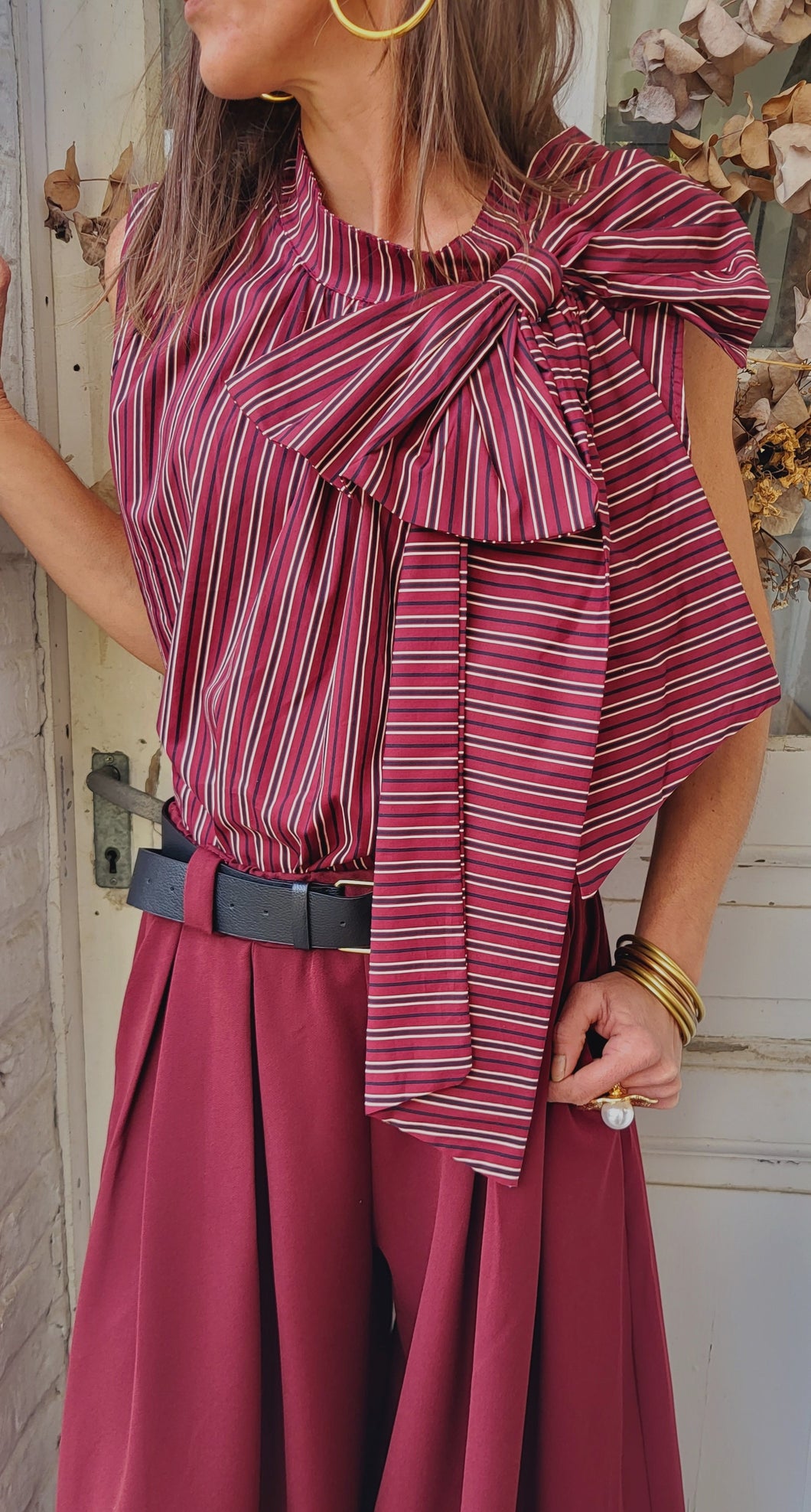 Top nœud rayé bordeaux