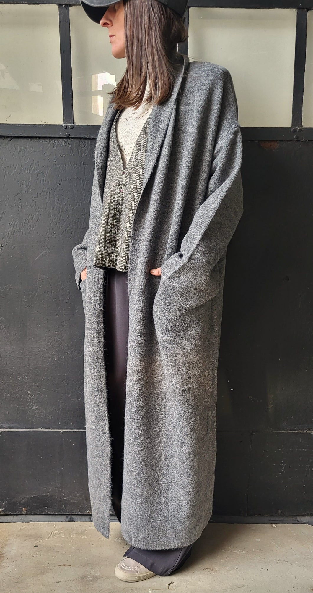 Gilet long ceinturé Noir / Chocolat / Beige chiné