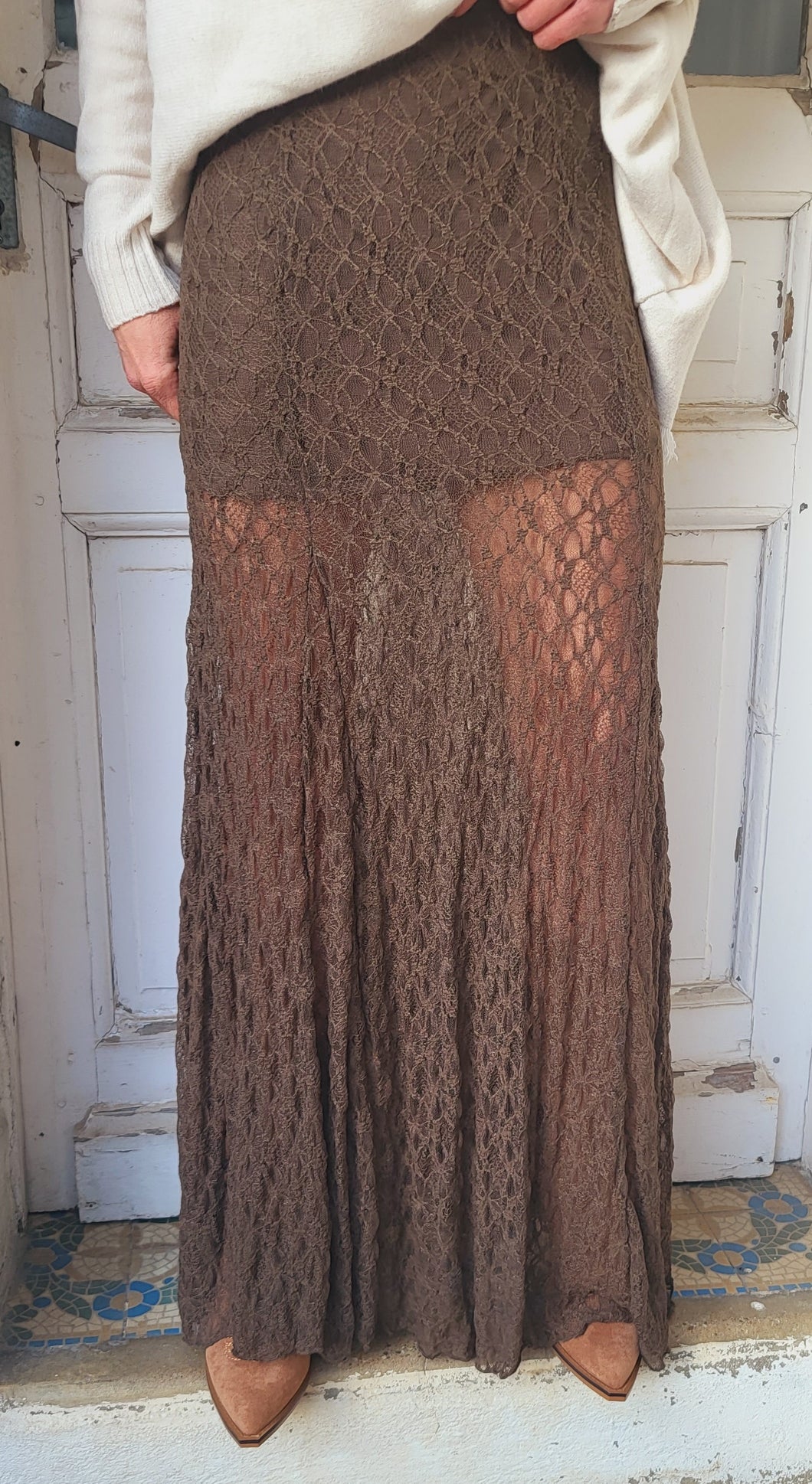 Jupe longue dentelle chocolat