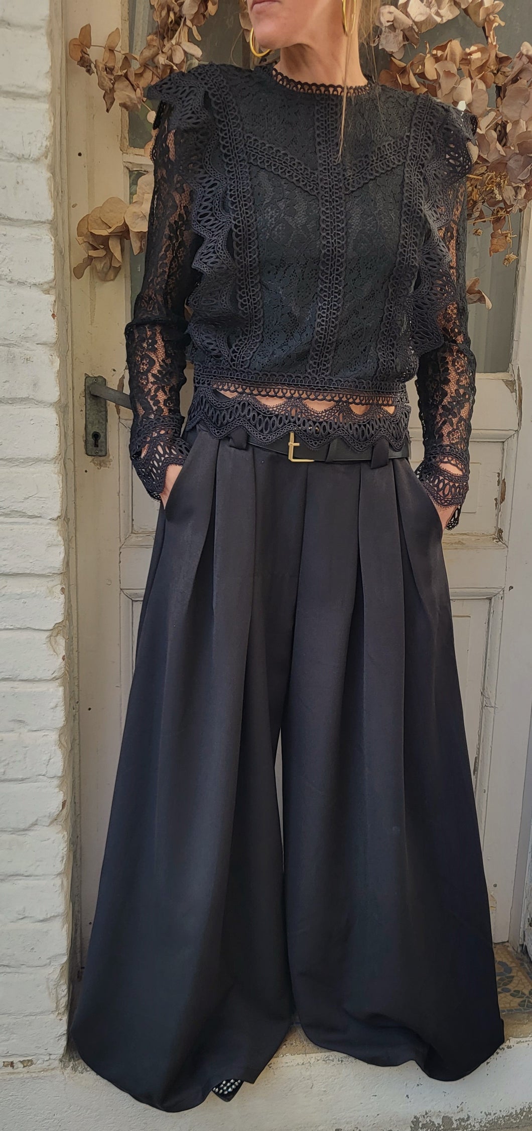 Pantalon large ceinturé Noir Chocolat Camel