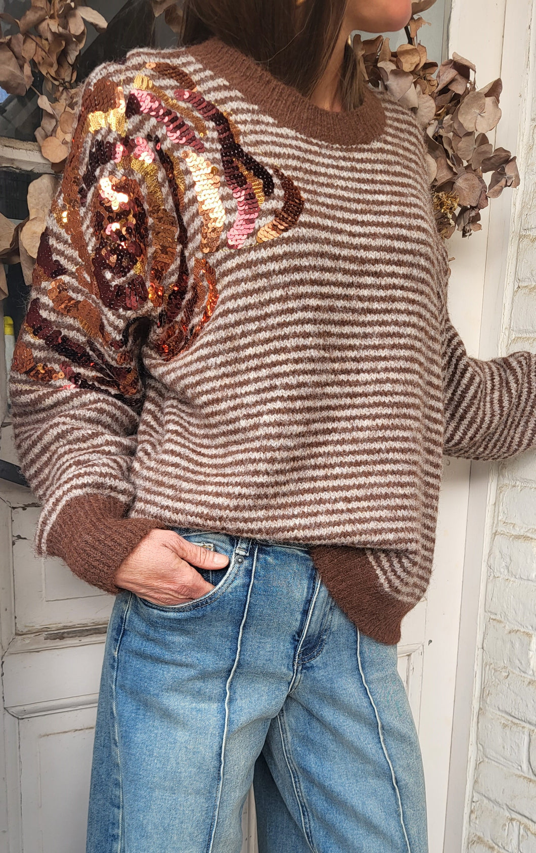 Pull rayé chocolat sequins rouille