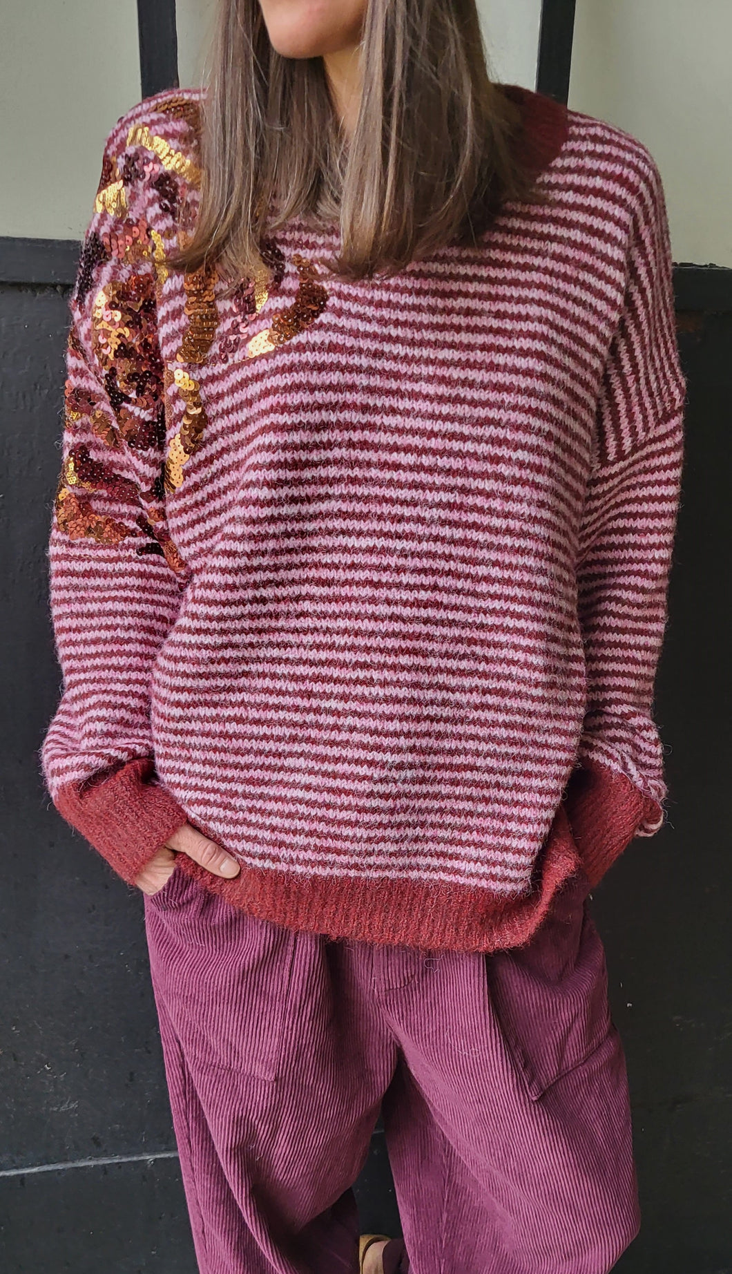 Pull rayé bordeaux sequins