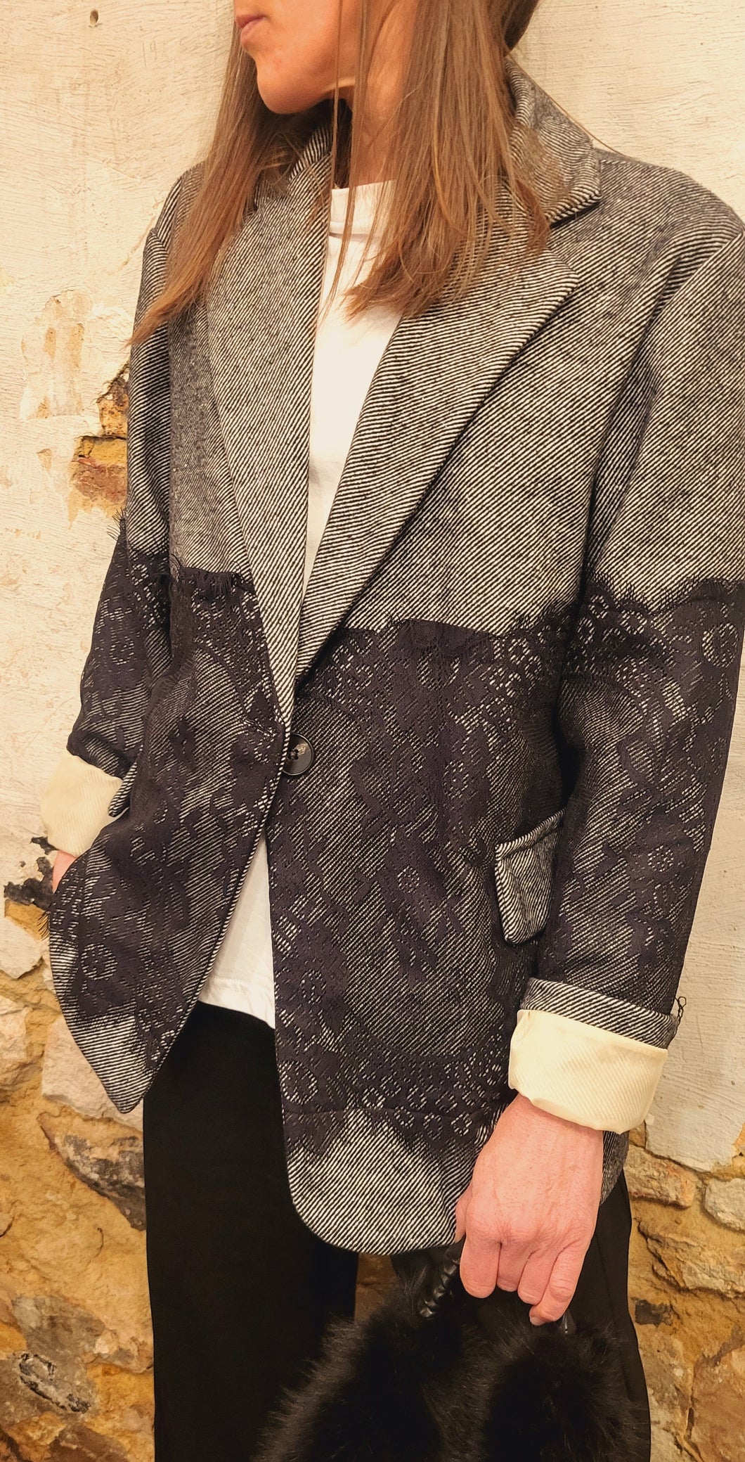 Veste tweed dentelle gris