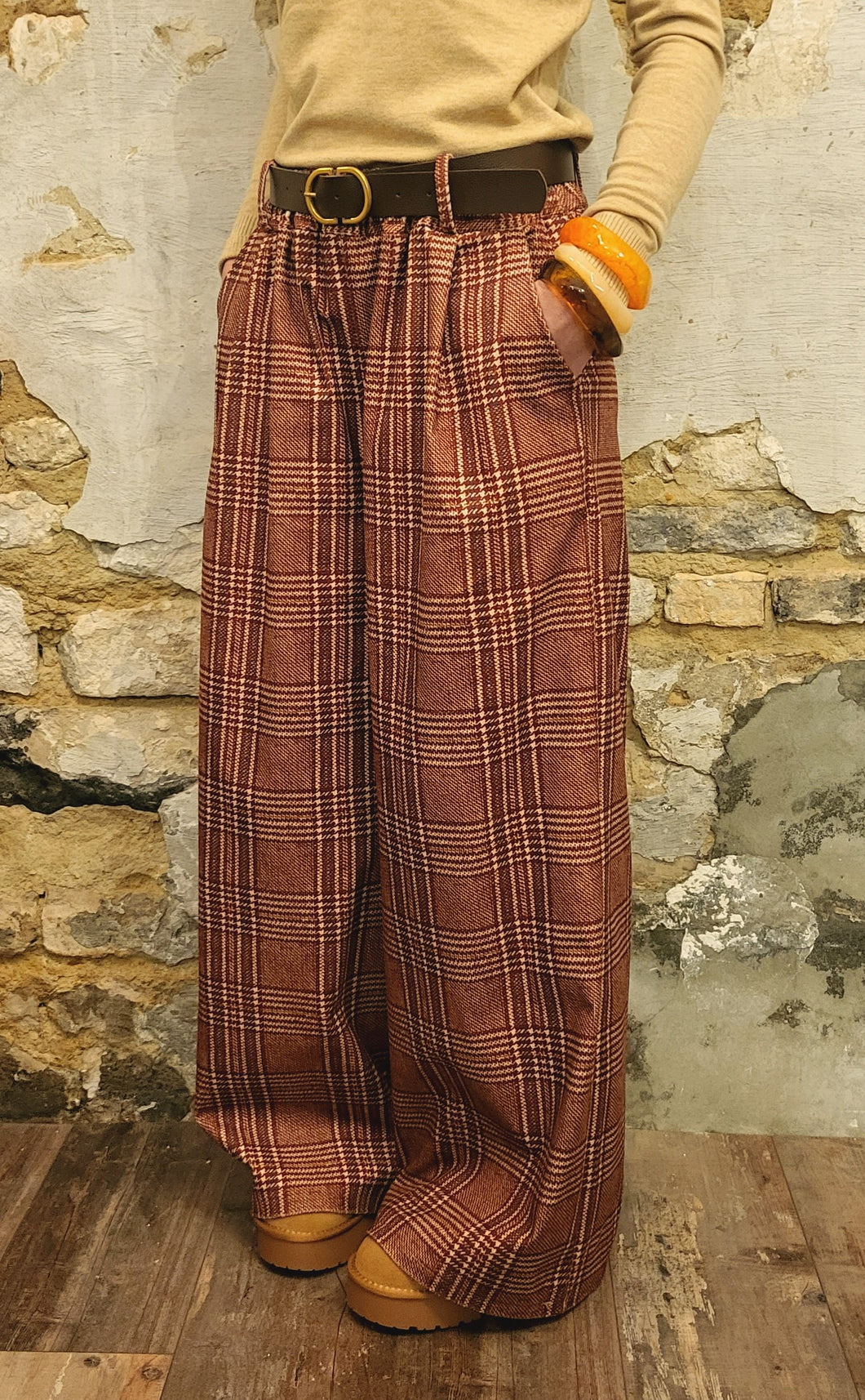 Pantalon carreaux rouille ceinturé