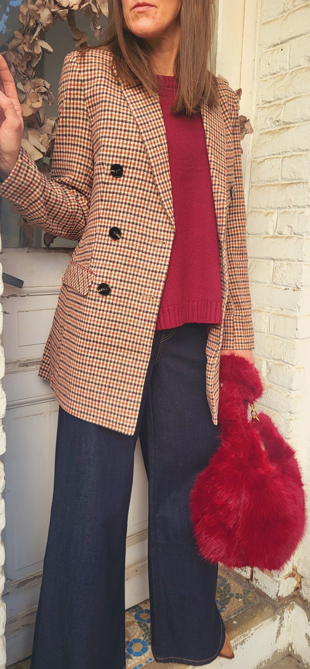 Veste pied de poule bordeaux camel