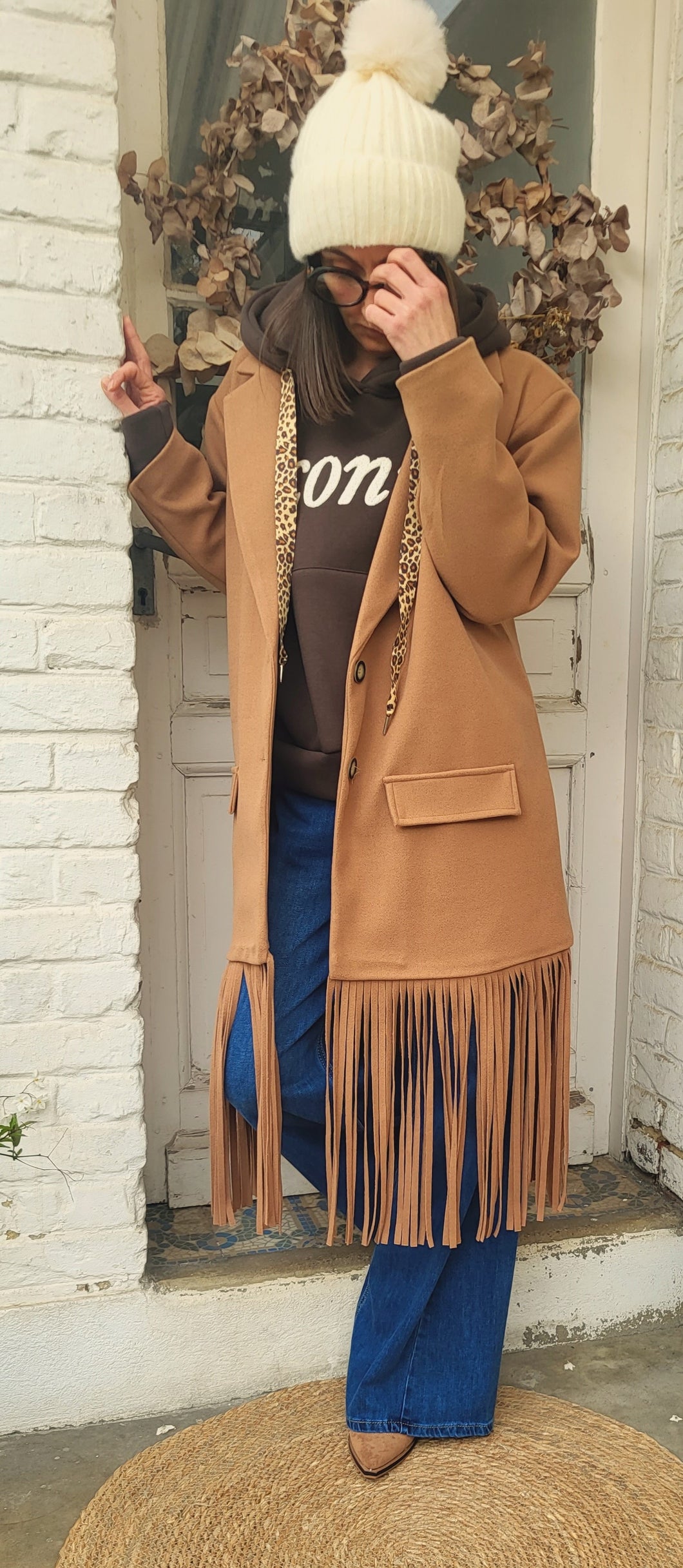 Manteau franges camel
