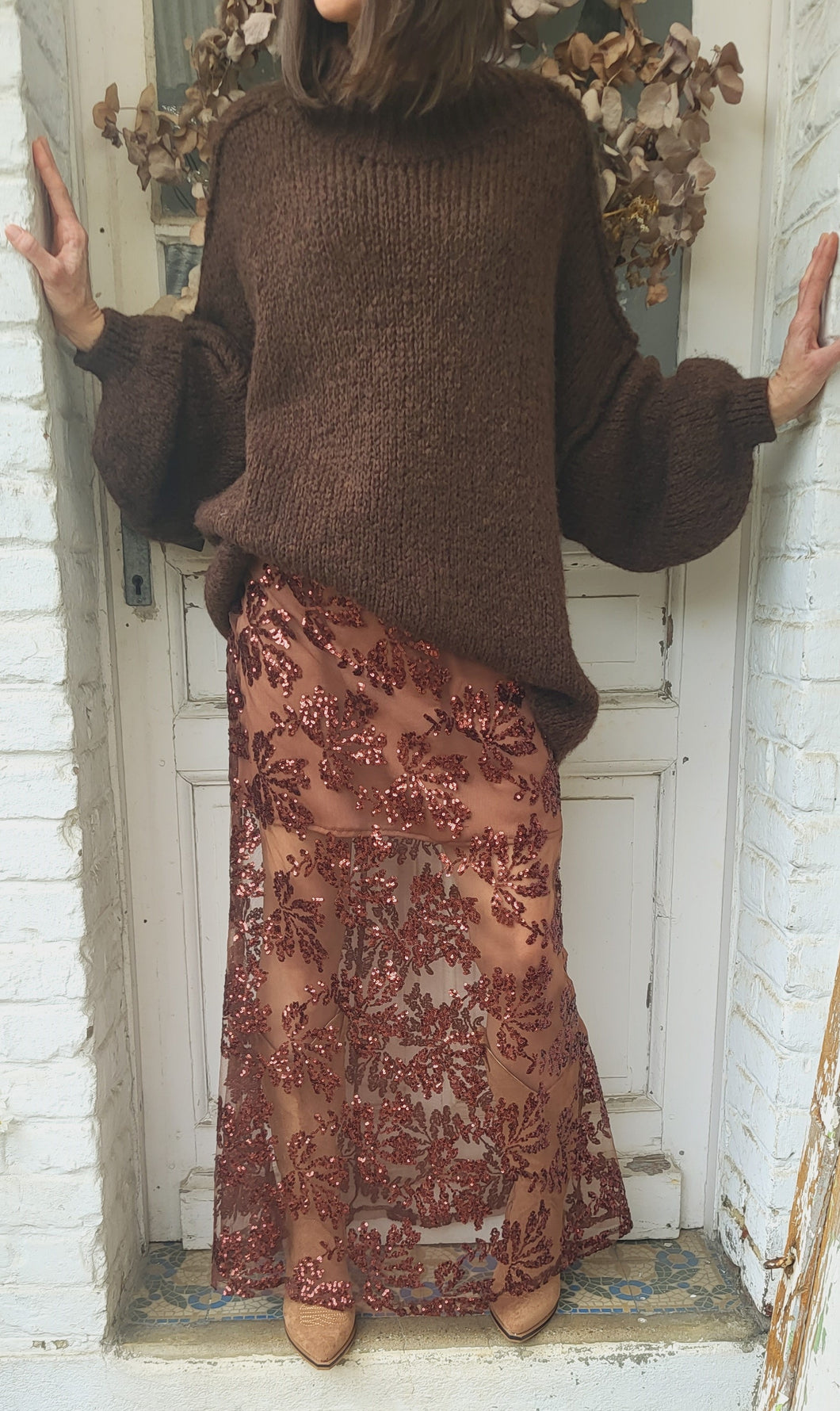 Jupe longue sequins chocolat