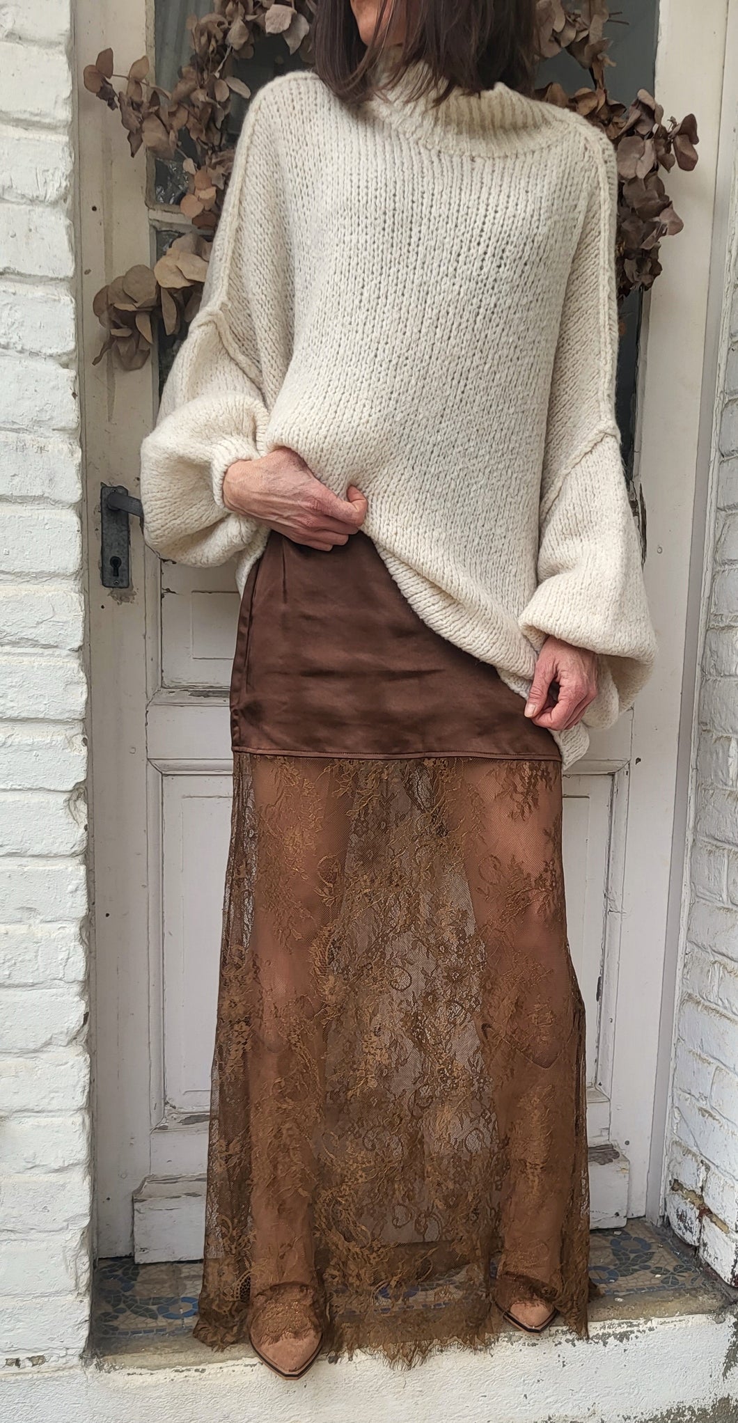 Jupe longue dentelle chocolat